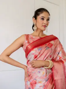 Satrani Floral Printed Zari Ready to Wear Saree