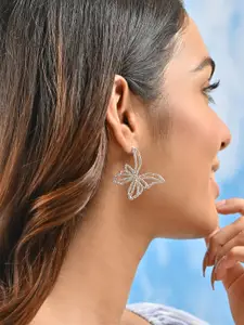 ToniQ Silver-Plated Cubic Zirconia Studded Contemporary Drop Earrings