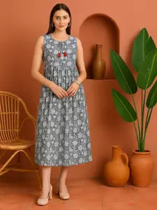 Sangria Women Round Neck Printed Cotton Sleeveless A-Line Midi Dress