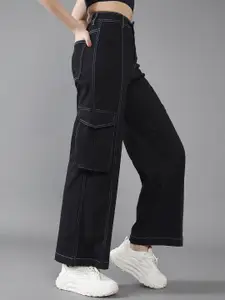 DOLCE CRUDO Women Wide Leg High-Rise Heavy Fade Stretchable Cargo Jeans