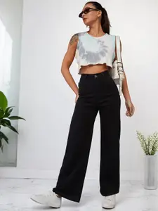 DOLCE CRUDO Women Wide Leg High-Rise Cotton Stretchable Jeans