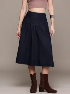 MANGO Chambray Pure Cotton Pleated Flared Midi Skirt