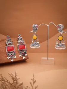 Anouk Set Of 2 Silver-Plated Artificial Stones and Beaded Contemporary Drop Earrings