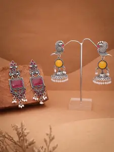 Anouk Set Of 2 Silver-Plated Artificial Stones and Beaded Geometric Shaped  Drop Earrings