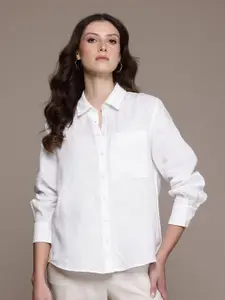 MANGO Women Solid Spread Collar Pure Linen Regular Fit Casual Shirt