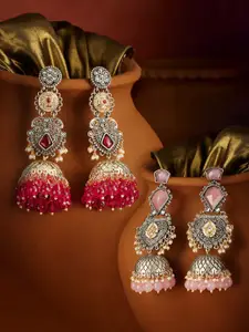 Zaveri Pearls Set Of 2 Silver-Plated Stones Studded & Beaded Antique Dome Shaped Jhumkas