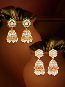 Zaveri Pearls Set Of 2 Gold-Plated Stones Studded & Beaded Meenakari Dome Shaped Jhumkas