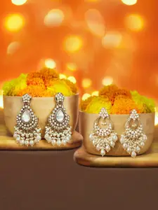 Zaveri Pearls Set Of 2 Gold-Plated Artificial Stones Studded & Beaded Drop Earrings