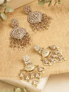 Zaveri Pearls Set Of 2 Gold-Plated Kundan Studded & Beaded Drop Earrings
