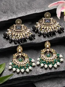 Zaveri Pearls Set Of 2 Gold-Plated Kundan Studded & Beaded Drop Earrings