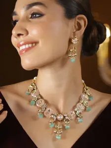 Rubans 22K Gold-Plated Meenakari Kundan Necklace Set with Pastel Pink & Green Floral Beads
