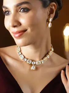 Rubans 22K Gold-Plated White Kundan Choker Necklace Set with Pastel Blue Enamel Detailing