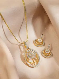 Rubans 22K Gold-Plated White Cubic Zirconia Studded Teardrop Floral Pendant Necklace Set