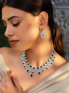 Rubans Rhodium-Plated Emerald Green & White Cubic Zirconia Luxe Statement Necklace Set