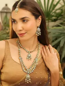 Rubans 22K Gold-Plated Green Enamel Kundan Studded Double-Layered Necklace Set with Pearls