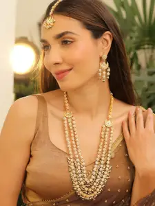 Rubans 22K Gold-Plated Kundan Studded Pearl & Green Bead Multi-Layered Bridal Necklace Set