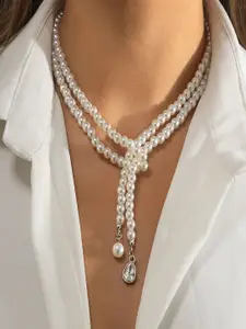 AQUASTREET Classic Dual Layered White Pearl Knot Statement Necklace with Drop Charms