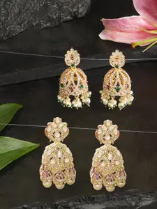 Zaveri Pearls Set Of 2 Gold-Plated Stones Studded & Beaded Dome Shaped Jhumkas
