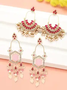 Zaveri Pearls Set Of 2 Gold-Plated Stones Studded & Beaded Contemporary Drop Earrings