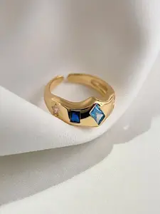 AQUASTREET 18K Gold Plated Waterproof Antitarnish Multi Shaped Blue Zircon Ring
