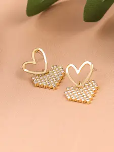 KRENOZ Gold-Plated Crystals Studded Heart Shaped Drop Earrings