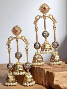 OOMPH Gold Plated Artificial Stones Studded And Beaded Dome Shape Jhumkas