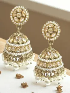 OOMPH Gold Plated Artificial Stones Studded And Beaded Dome Shape Jhumkas