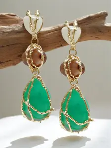 OOMPH Gold Plated Artificial Stones Studded Contemporary Shaped Drop Earrings