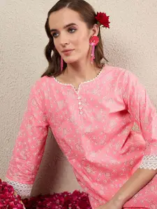 Indo Era Women Floral Printed Pure Cotton Straight Kurti