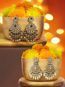 Zaveri Pearls Set Of 2 Gold-Plated Artificial Stones And Beaded Contemporary Drop Earrings