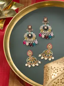 Zaveri Pearls Set Of 2 Gold-Plated Stones Studded & Beaded Floral Shaped Drop Earrings
