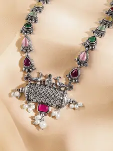 Rubans Oxidised Silver-Plated Multicolour Stone & Pearl Beaded Tribal Motif Necklace