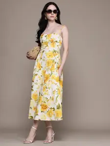 MANGO Floral Print Smocked Detail Shoulder Straps Midi Fit & Flare Dress