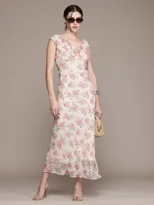MANGO Floral Print Ruffled A-Line Midi Dress