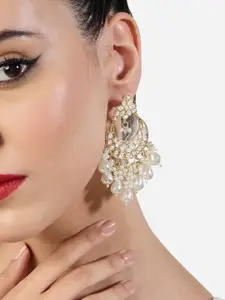 Zaveri Pearls Gold-Plated Artificial Stones Studded & Beaded Floral Shaped Drop Earrings