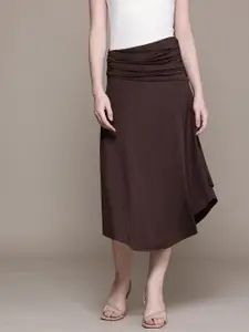 MANGO Women High Waist Ruched Asymmetric Hem Midi Skirt