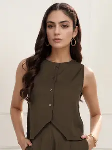 all about you Women's Brown Solid Waistcoat Tie Up Top