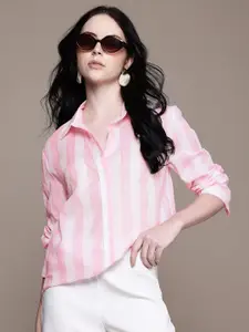 MANGO Vertically Striped Pure Cotton Semi Sheer Casual Shirt