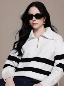 MANGO Mock Neck Striped Pullover