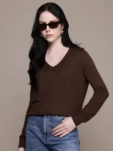 MANGO V-Neck Ribbed Hem Knitted Pullover