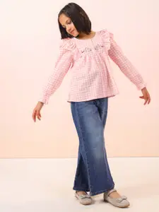 Sangria Girls Checked Embroidered Cotton Shirt-Style Top