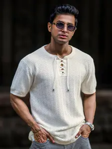 Maniac Self Design Textured Henley Neck T-shirt