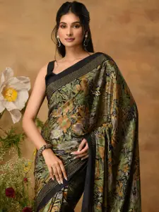 Sangria Floral Printed Satin Saree with Unstitched Blouse