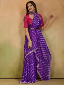Saree mall Striped Beads and Stones Pure Chiffon Leheriya Saree with Blouse Piece