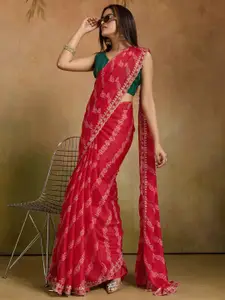 Saree mall Bandhani Beads and Stones Pure Chiffon Leheriya Saree