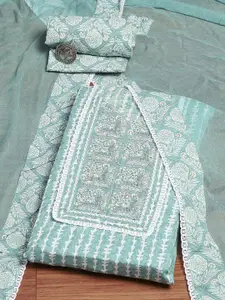 Biba Striped Embroidered Beads & Stones Pure Cotton Unstitched Dress Material