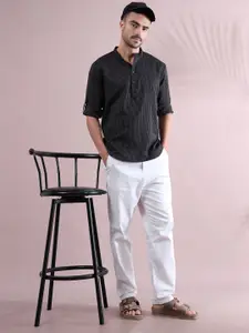 FILORI STUDIO Striped Band Collar Pure Cotton Short Kurta