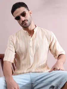 FILORI STUDIO Striped Mandarin Collar Pure Cotton Short Kurta