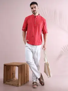 FILORI STUDIO Striped Band Collar Roll-Up Sleeves Short Kurta