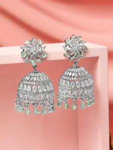 Rubans Rhodium-Plated Mint Green AD Drop & Cubic Zirconia Studded Floral Jhumka Earrings